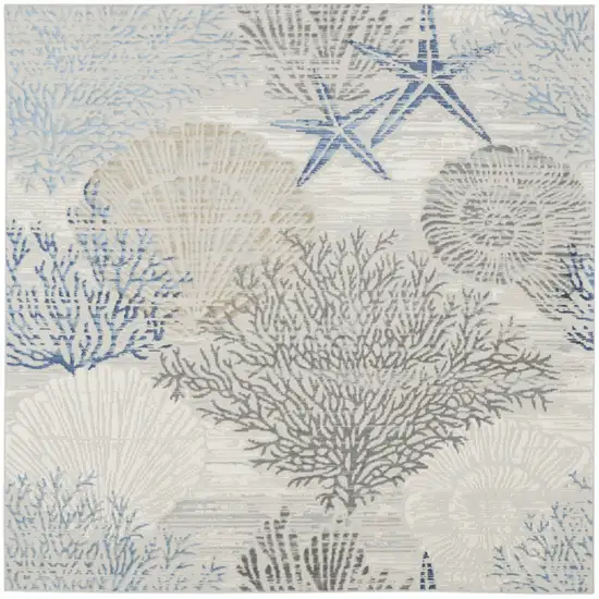 5' Ivory Blue And Gray Seashell and Coral Non Skid Square Rug Photo 6