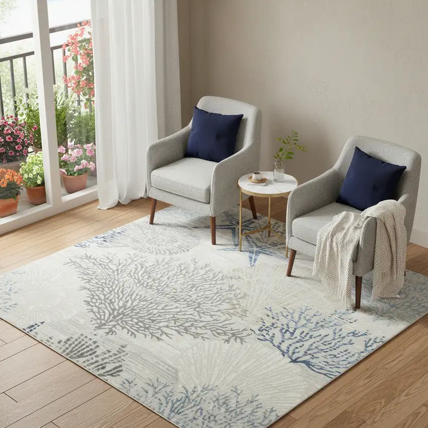 5' Ivory Blue And Gray Seashell and Coral Non Skid Square Rug Photo 1