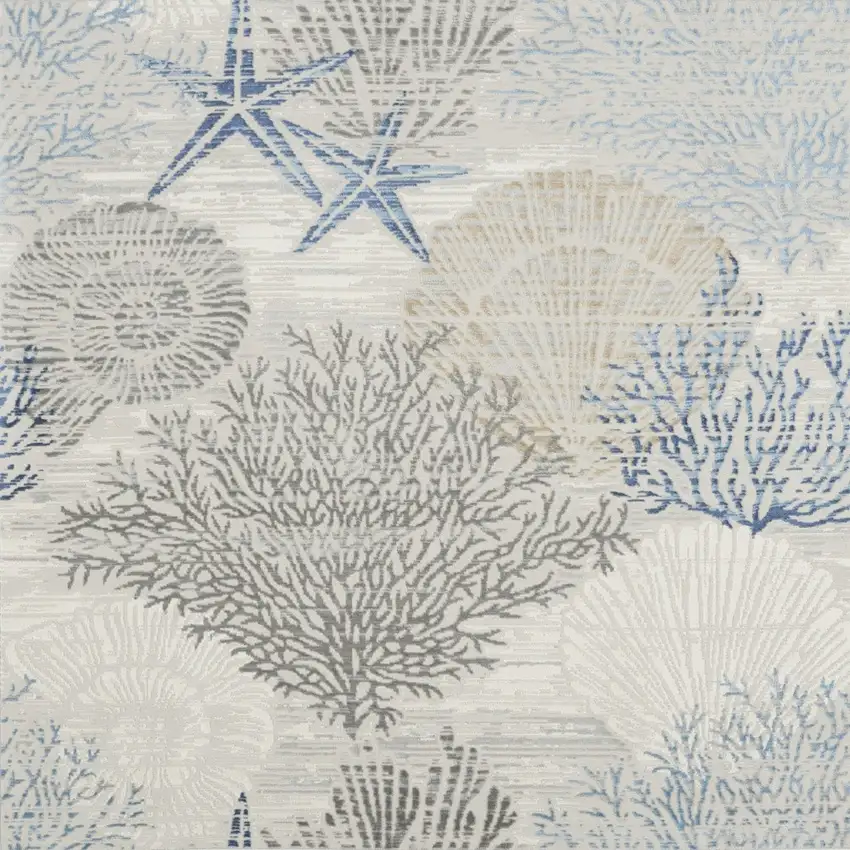 5' Ivory Blue And Gray Seashell and Coral Non Skid Square Rug Photo 5