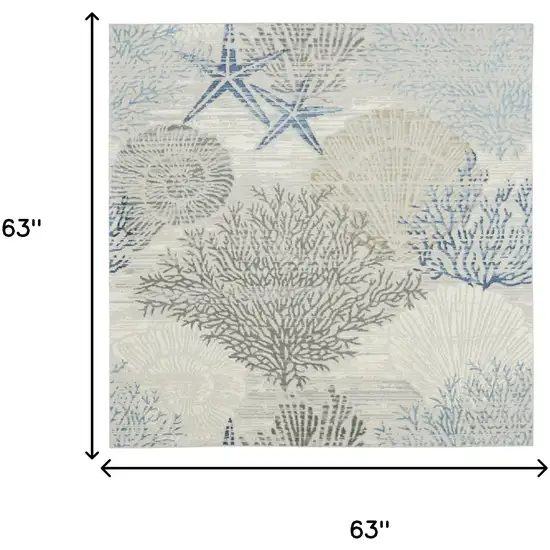 5' Ivory Blue And Gray Seashell and Coral Non Skid Square Rug Photo 3