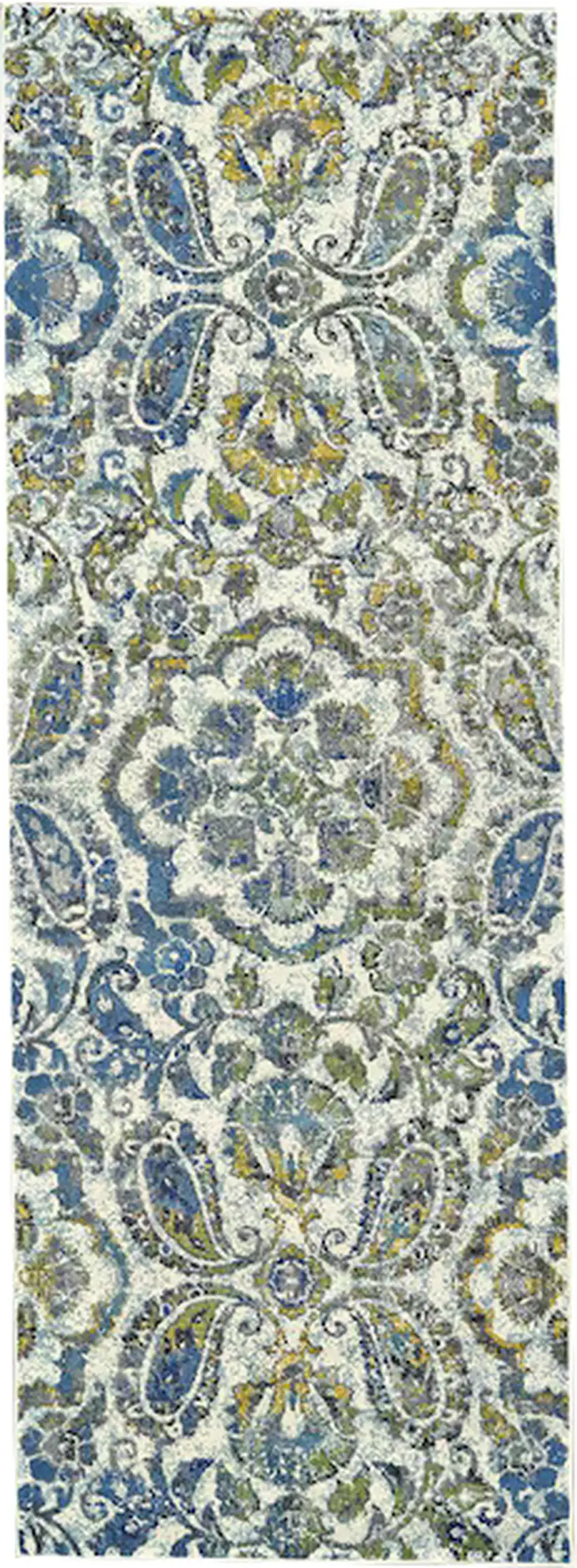 8' Ivory Blue And Green Floral Stain Resistant Runner Rug Photo 2