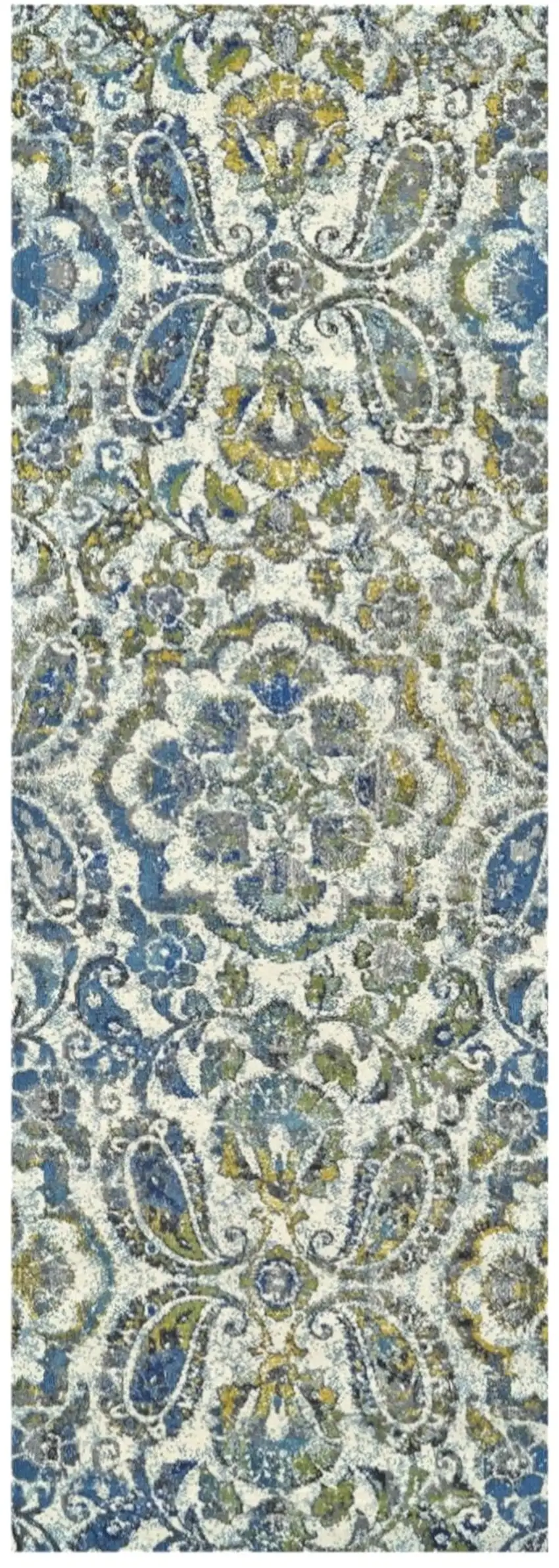 10' Ivory Blue And Green Floral Stain Resistant Runner Rug Photo 2