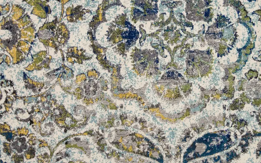10' Ivory Blue And Green Floral Stain Resistant Runner Rug Photo 6