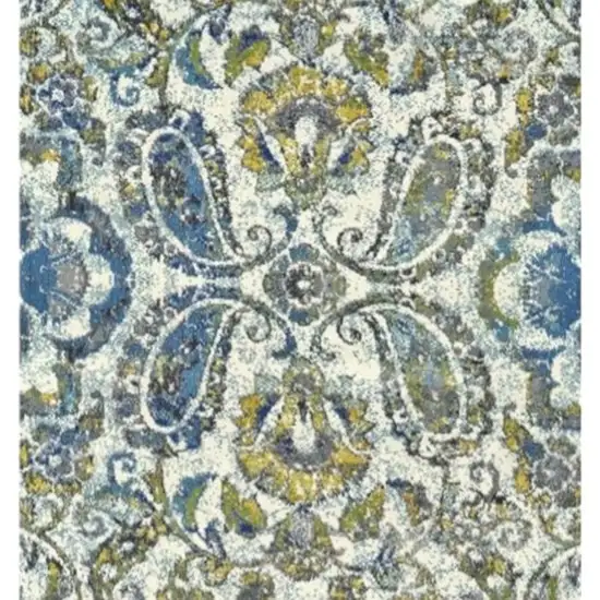 10' Ivory Blue And Green Floral Stain Resistant Runner Rug Photo 6