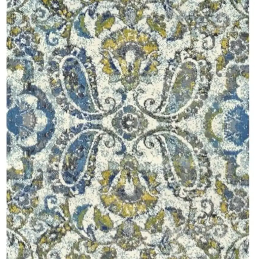 10' Ivory Blue And Green Floral Stain Resistant Runner Rug Photo 6