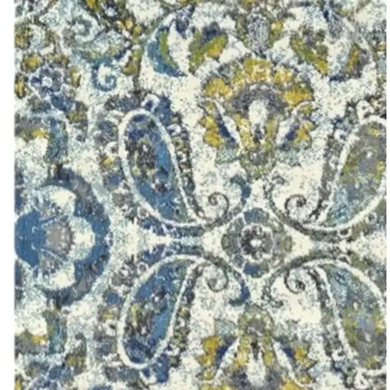10' Ivory Blue And Green Floral Stain Resistant Runner Rug Photo 5