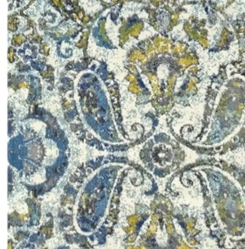 10' Ivory Blue And Green Floral Stain Resistant Runner Rug Photo 5