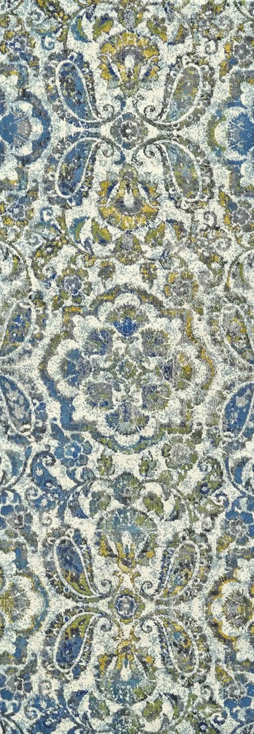 10' Ivory Blue And Green Floral Stain Resistant Runner Rug Photo 2