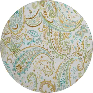Photo of 8' Ivory Blue And Green Paisley Washable Round Rug With UV Protection