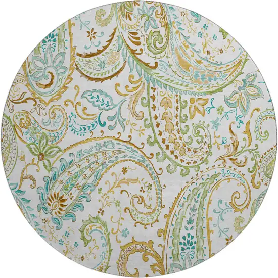 8' Ivory Blue And Green Paisley Washable Round Rug With UV Protection Photo 1