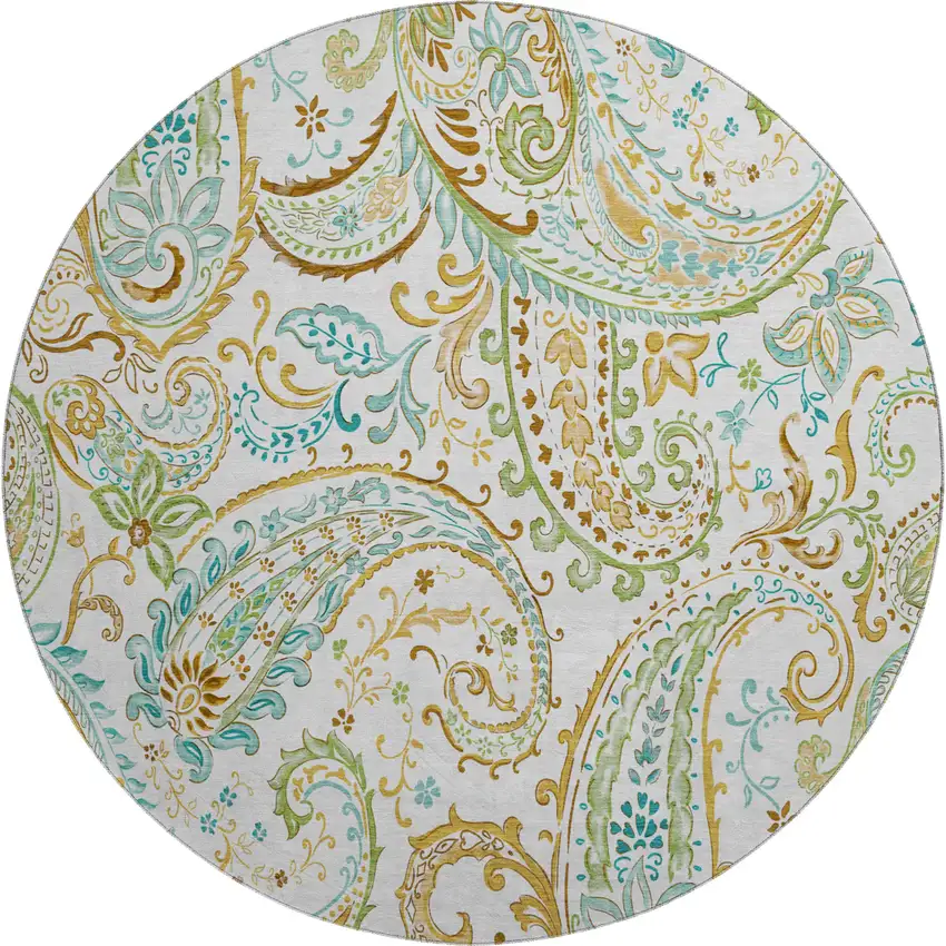 8' Ivory Blue And Green Paisley Washable Round Rug With UV Protection Photo 1