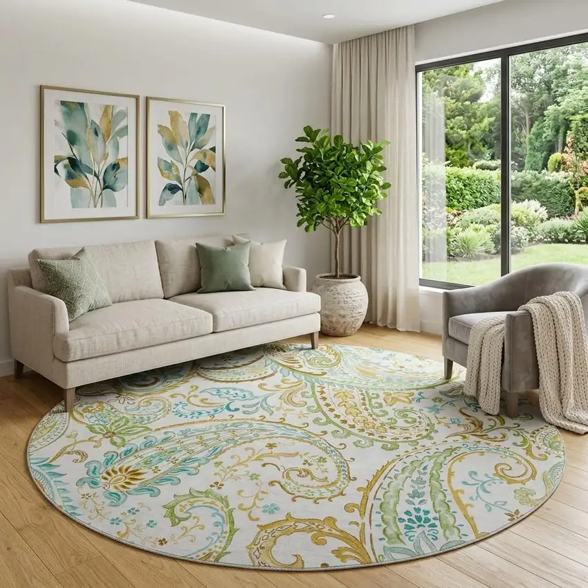8' Ivory Blue And Green Paisley Distressed Washable Round Rug With UV Protection Photo 1