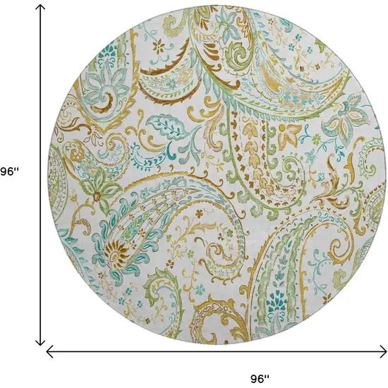 8' Ivory Blue And Green Paisley Distressed Washable Round Rug With UV Protection Photo 8