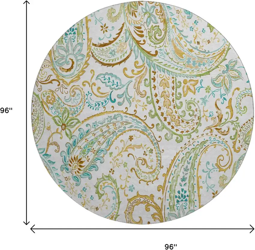 8' Ivory Blue And Green Paisley Distressed Washable Round Rug With UV Protection Photo 8