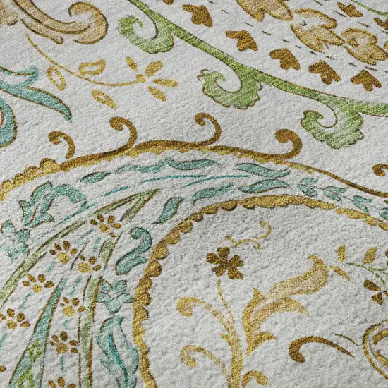 8' Ivory Blue And Green Paisley Washable Round Rug With UV Protection Photo 9