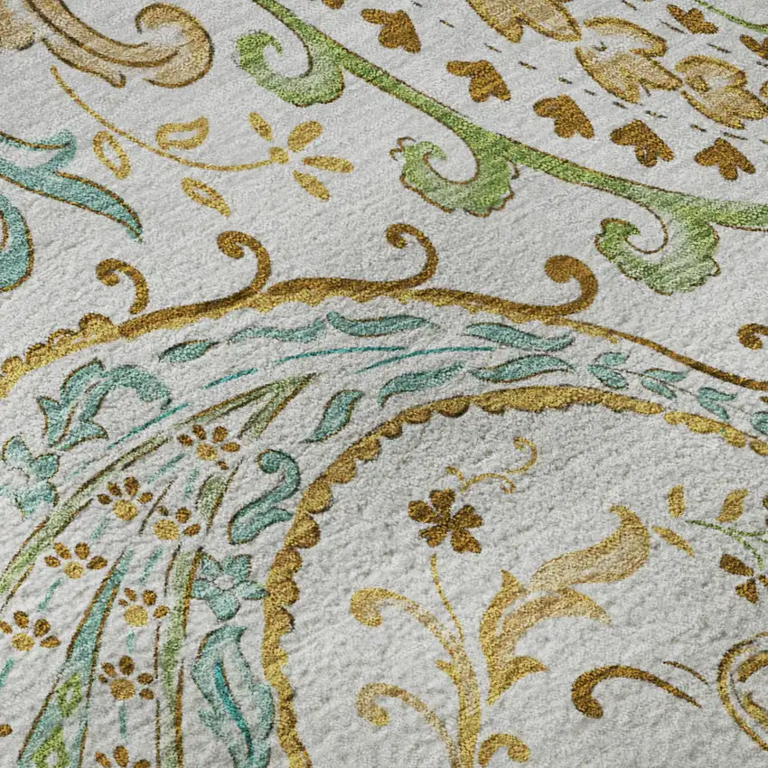 8' Ivory Blue And Green Paisley Washable Round Rug With UV Protection Photo 9