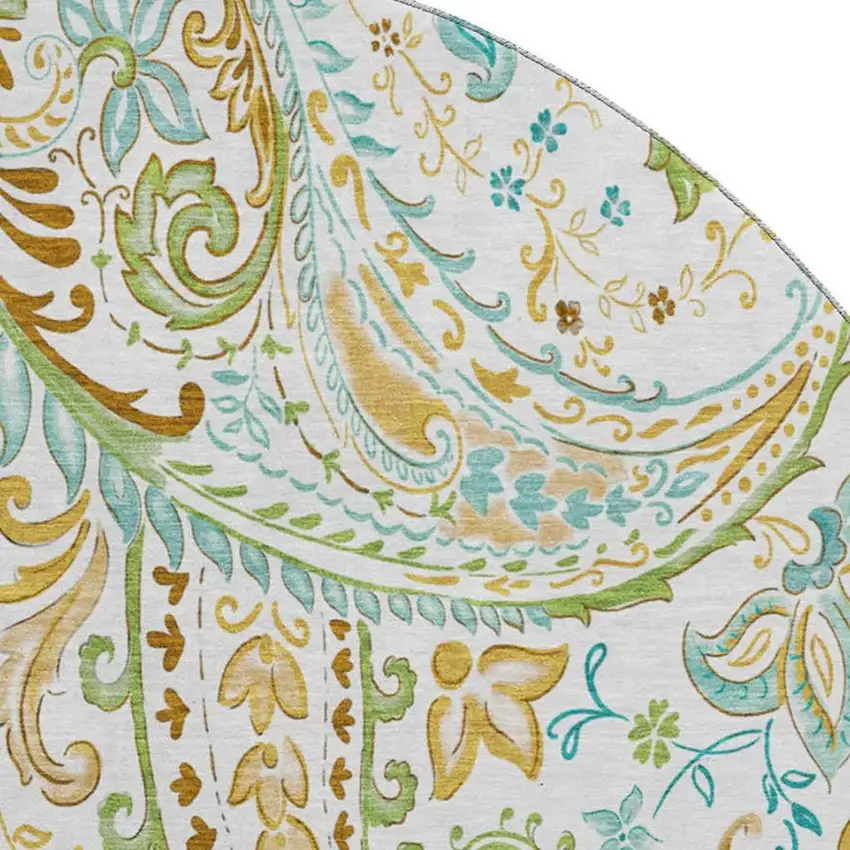 8' Ivory Blue And Green Paisley Washable Round Rug With UV Protection Photo 3