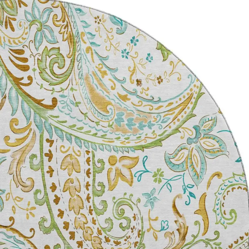 8' Ivory Blue And Green Paisley Washable Round Rug With UV Protection Photo 4