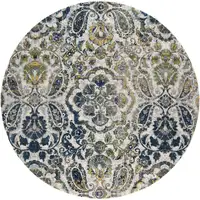 Photo of 8' Ivory Blue And Green Round Floral Stain Resistant Area Rug
