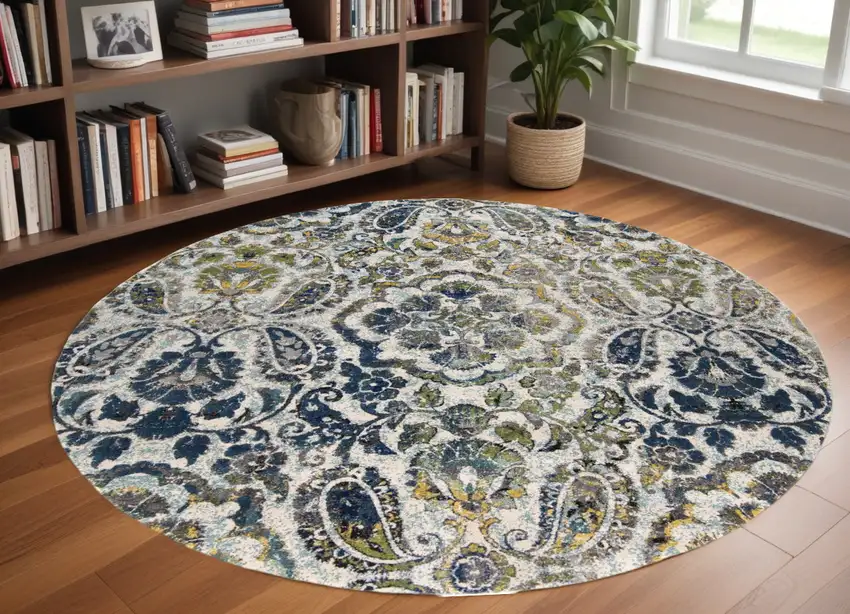 8' Ivory Blue And Green Round Floral Stain Resistant Area Rug Photo 1