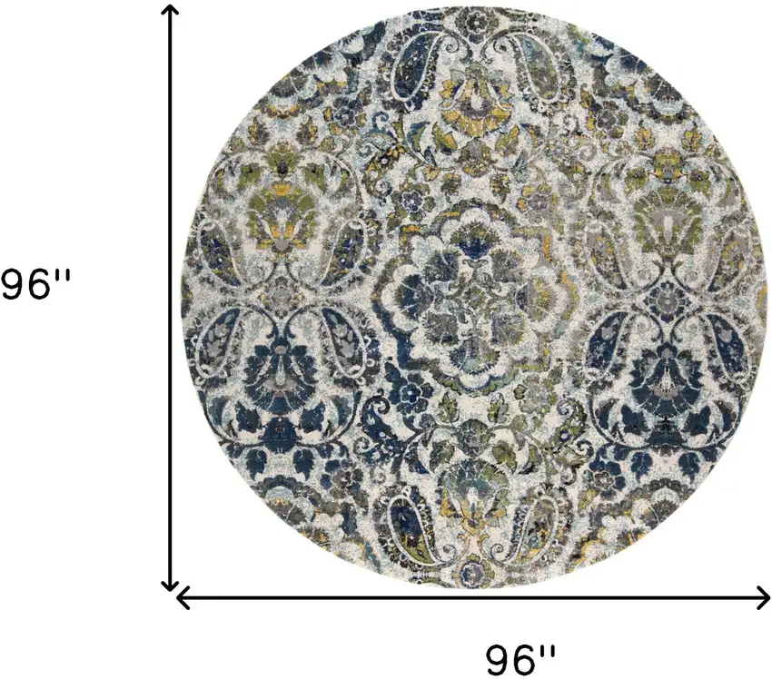 8' Ivory Blue And Green Round Floral Stain Resistant Area Rug Photo 6
