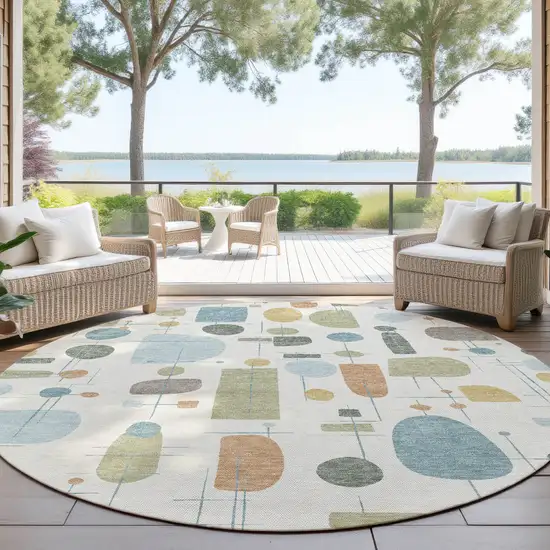 8' Ivory Blue And Green Round Geometric Washable Indoor Outdoor Area Rug Photo 4