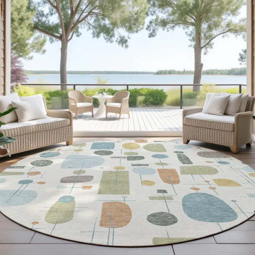 8' Ivory Blue And Green Round Geometric Washable Indoor Outdoor Area Rug Photo 4