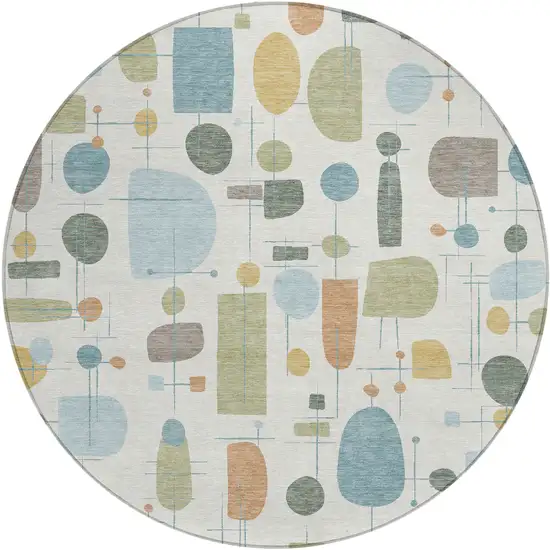 8' Ivory Blue And Green Round Geometric Washable Indoor Outdoor Area Rug Photo 1
