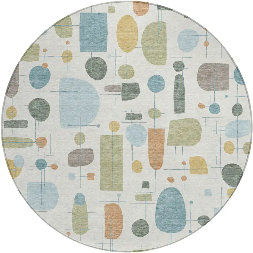 8' Ivory Blue And Green Round Geometric Washable Indoor Outdoor Area Rug Photo 1