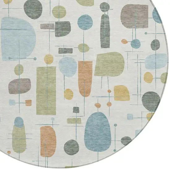 8' Ivory Blue And Green Round Geometric Washable Indoor Outdoor Area Rug Photo 2