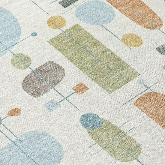 8' Ivory Blue And Green Round Geometric Washable Indoor Outdoor Area Rug Photo 9