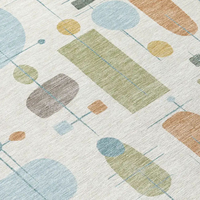 8' Ivory Blue And Green Round Geometric Washable Indoor Outdoor Area Rug Photo 9