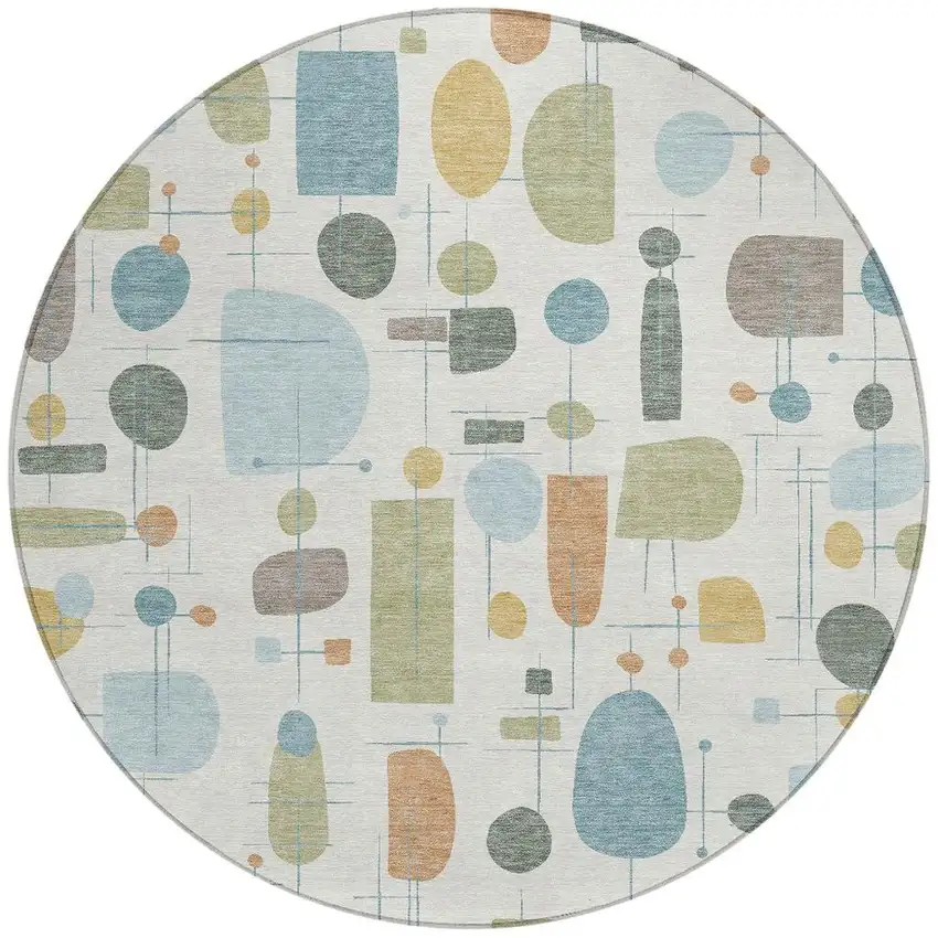 8' Ivory Blue And Green Round Geometric Washable Indoor Outdoor Area Rug Photo 3
