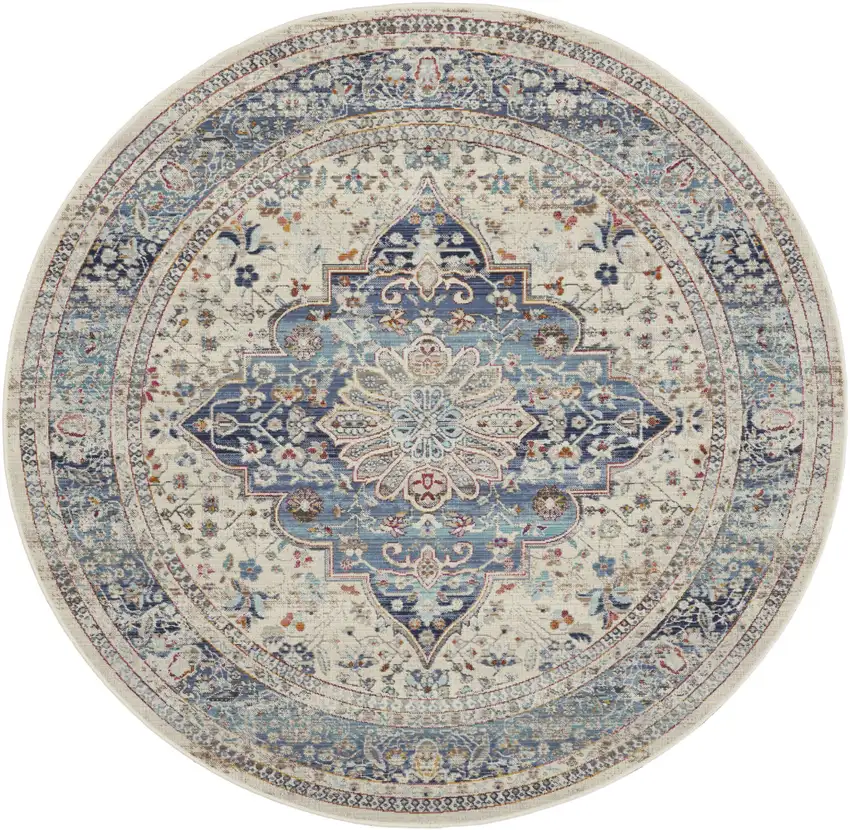 6' Ivory Blue And Orange Floral Distressed Round Rug Photo 2