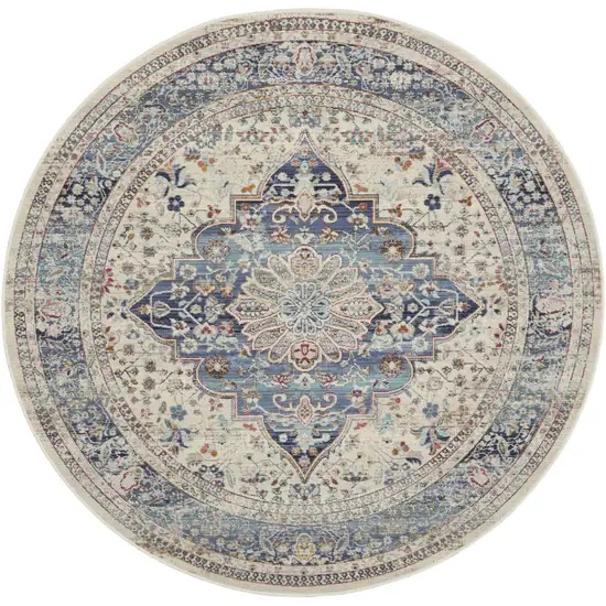 6' Ivory Blue And Orange Floral Distressed Round Rug Photo 1