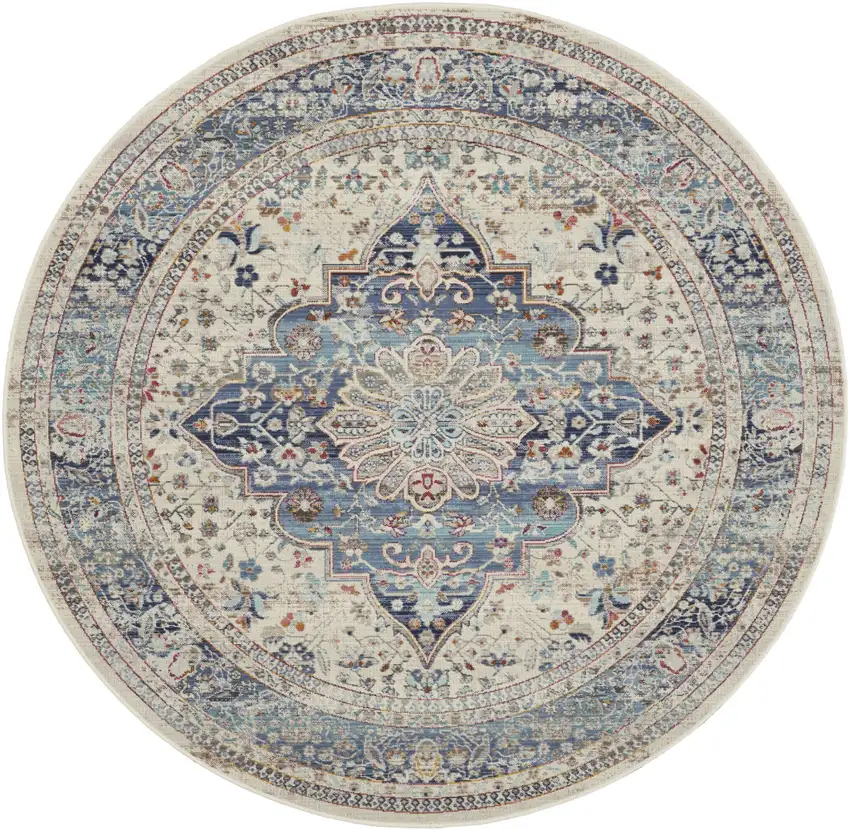 6' Ivory Blue And Orange Floral Distressed Round Rug Photo 1