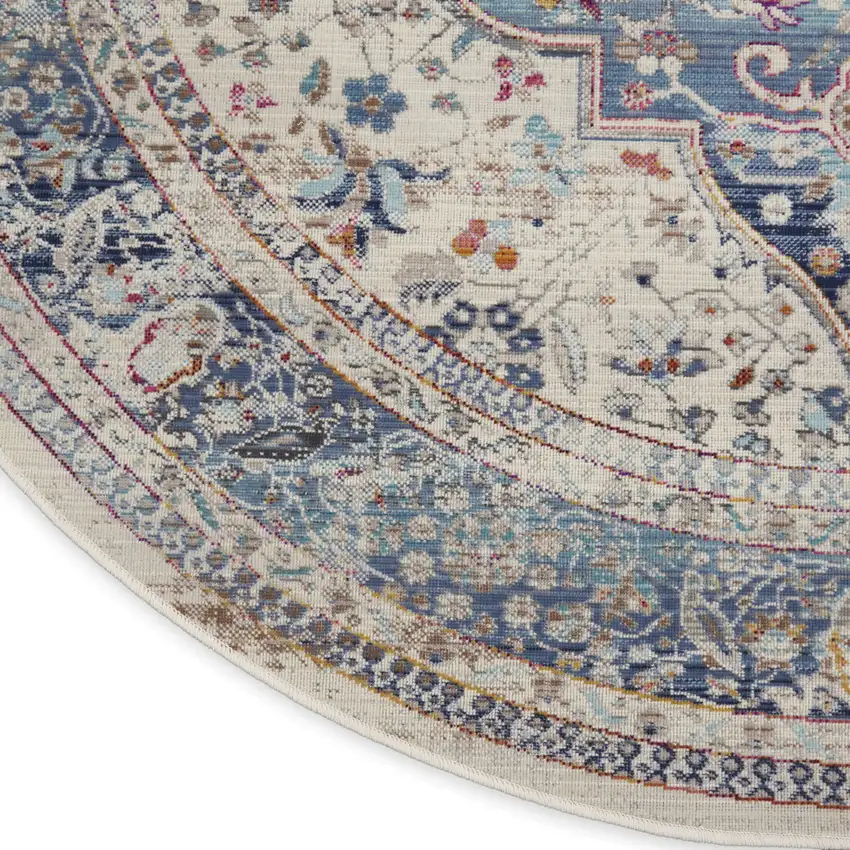 6' Ivory Blue And Orange Floral Distressed Round Rug Photo 8