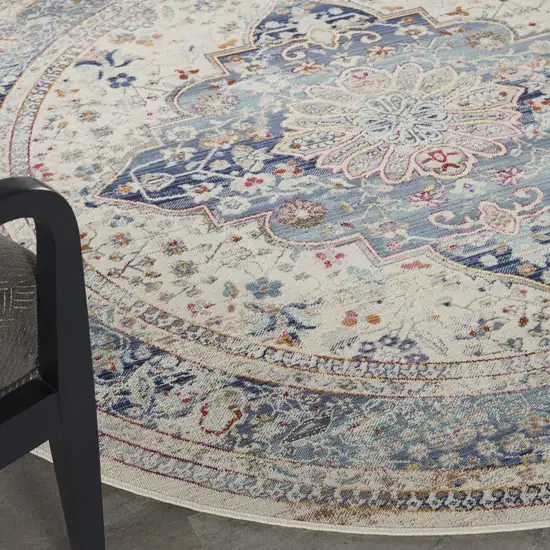 6' Ivory Blue And Orange Floral Distressed Round Rug Photo 9