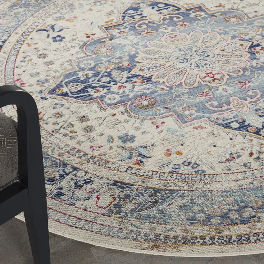 6' Ivory Blue And Orange Floral Distressed Round Rug Photo 9