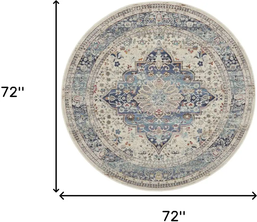 6' Ivory Blue And Orange Floral Distressed Round Rug Photo 3