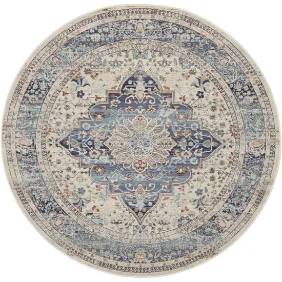 6' Ivory Blue And Orange Floral Distressed Round Rug Photo 4