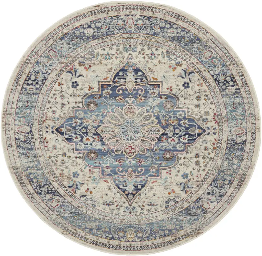 6' Ivory Blue And Orange Floral Distressed Round Rug Photo 4
