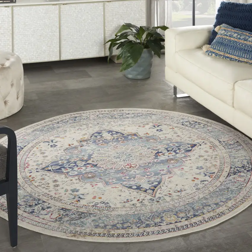 6' Ivory Blue And Orange Floral Distressed Round Rug Photo 5