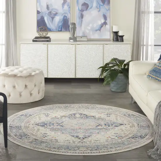 6' Ivory Blue And Orange Floral Distressed Round Rug Photo 6