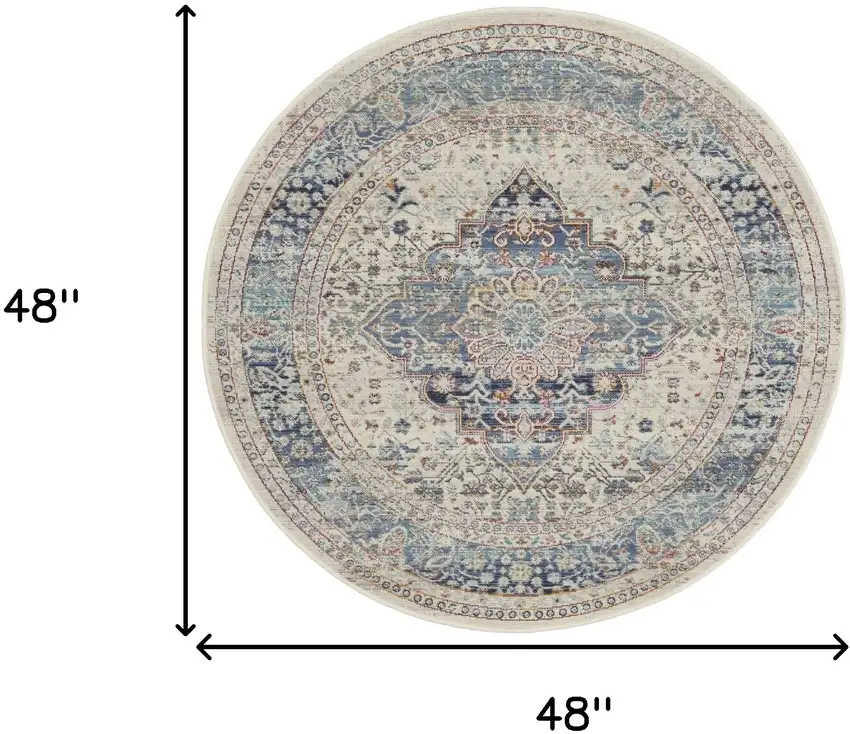 4' Ivory Blue And Orange Floral Distressed Round Rug Photo 3