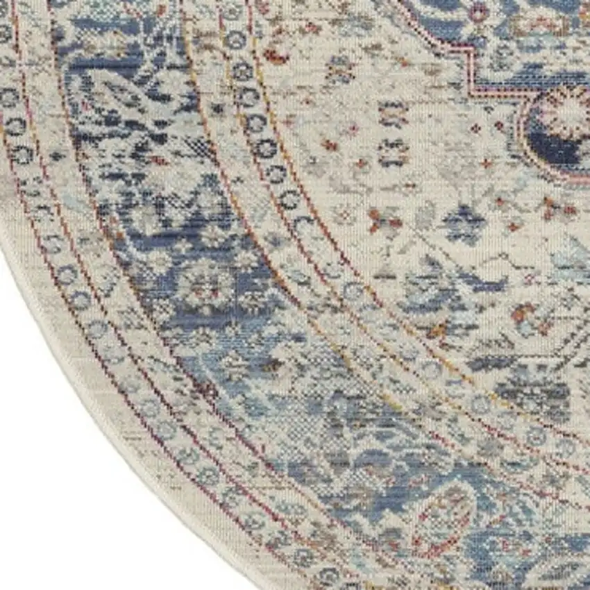 4' Ivory Blue And Orange Floral Distressed Round Rug Photo 7