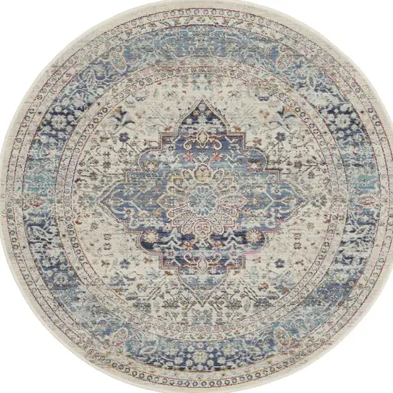 4' Ivory Blue And Orange Floral Distressed Round Rug Photo 1