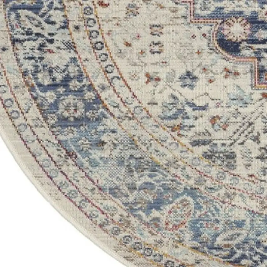 4' Ivory Blue And Orange Floral Distressed Round Rug Photo 3