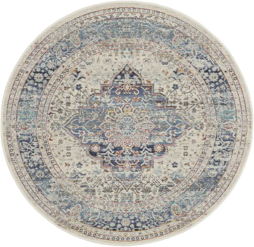 4' Ivory Blue And Orange Floral Distressed Round Rug Photo 2