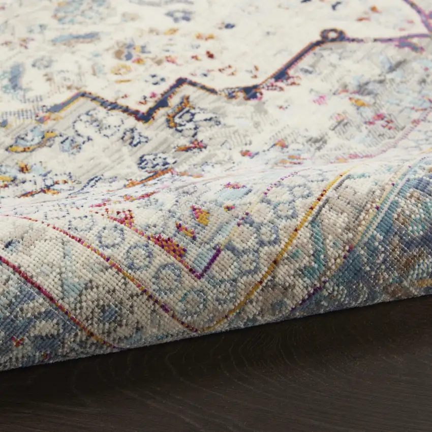 4' Ivory Blue And Orange Floral Distressed Round Rug Photo 8